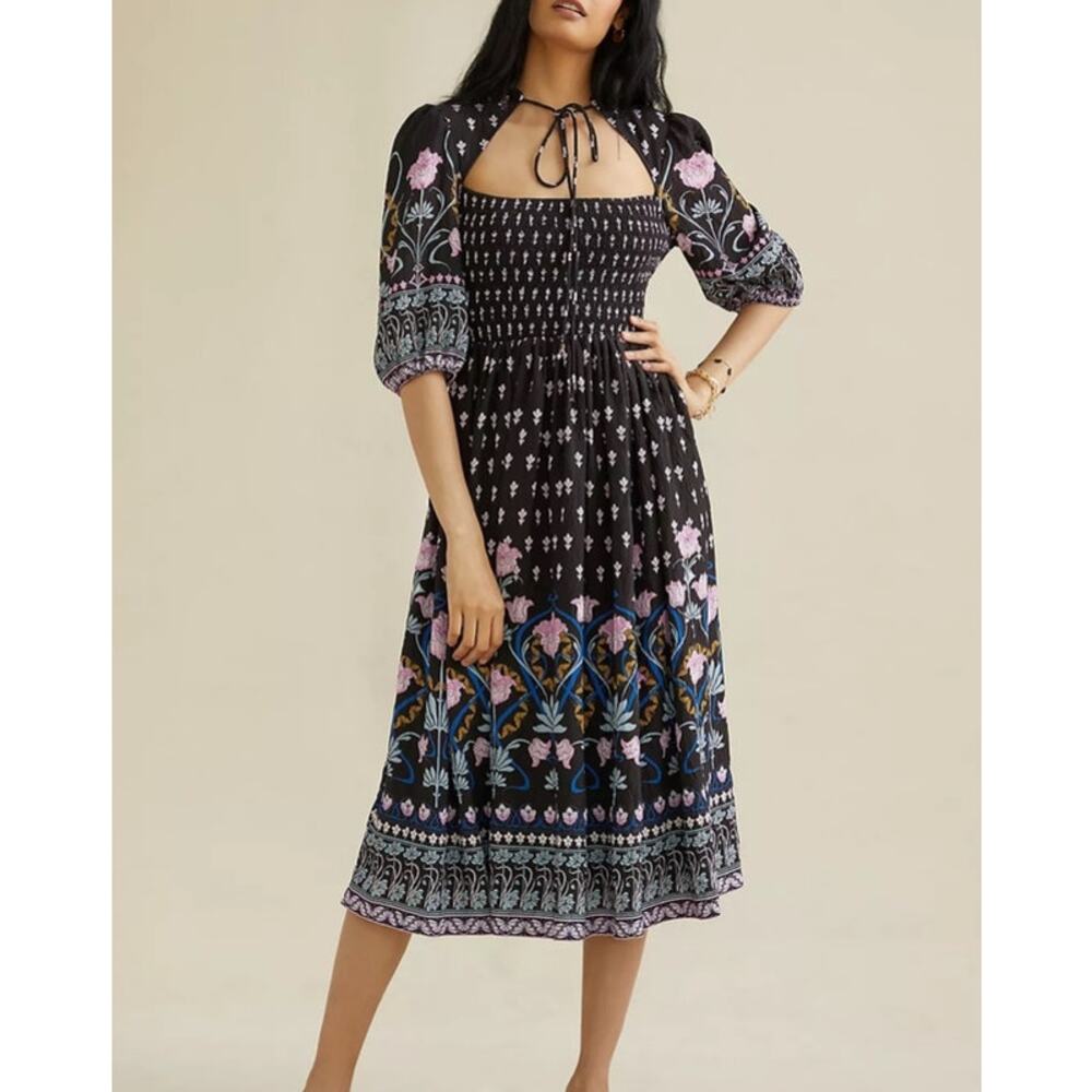 Anthropologie Dasha Smocked Midi Dress Black Floral Motif Boho Sz XS - Picture 4 of 9